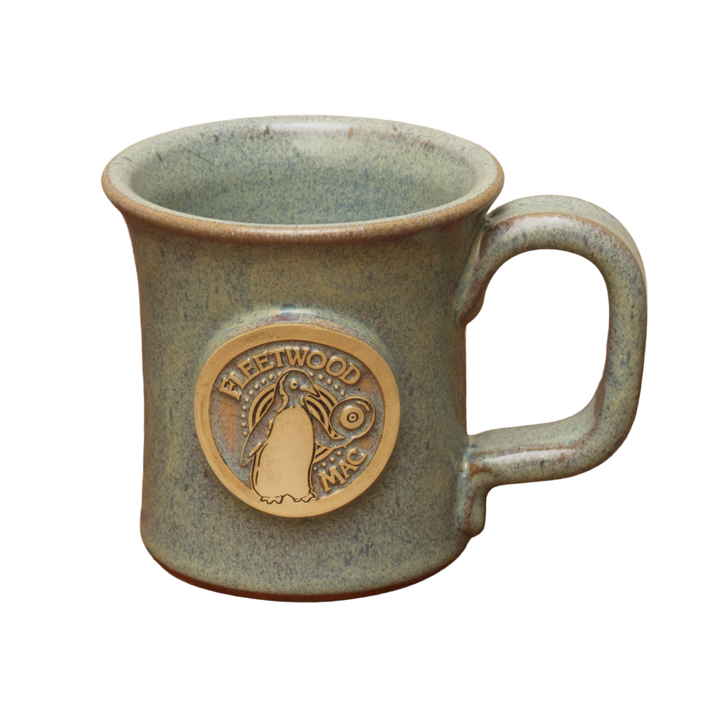 Green ceramic mug with a logo on a white background