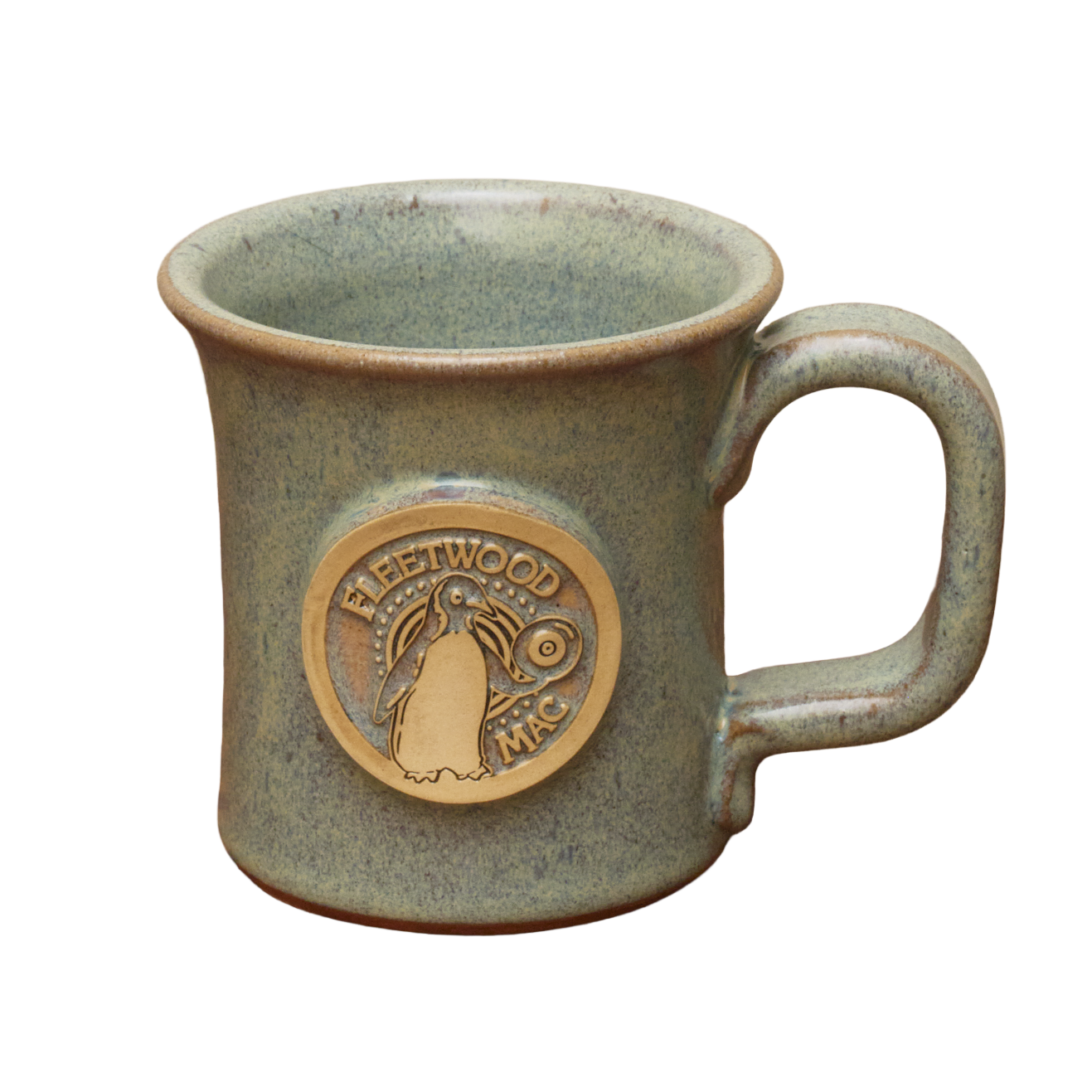 Green ceramic mug with a logo on a white background