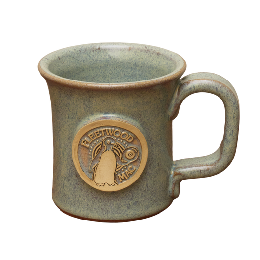 Green ceramic mug with a logo on a white background